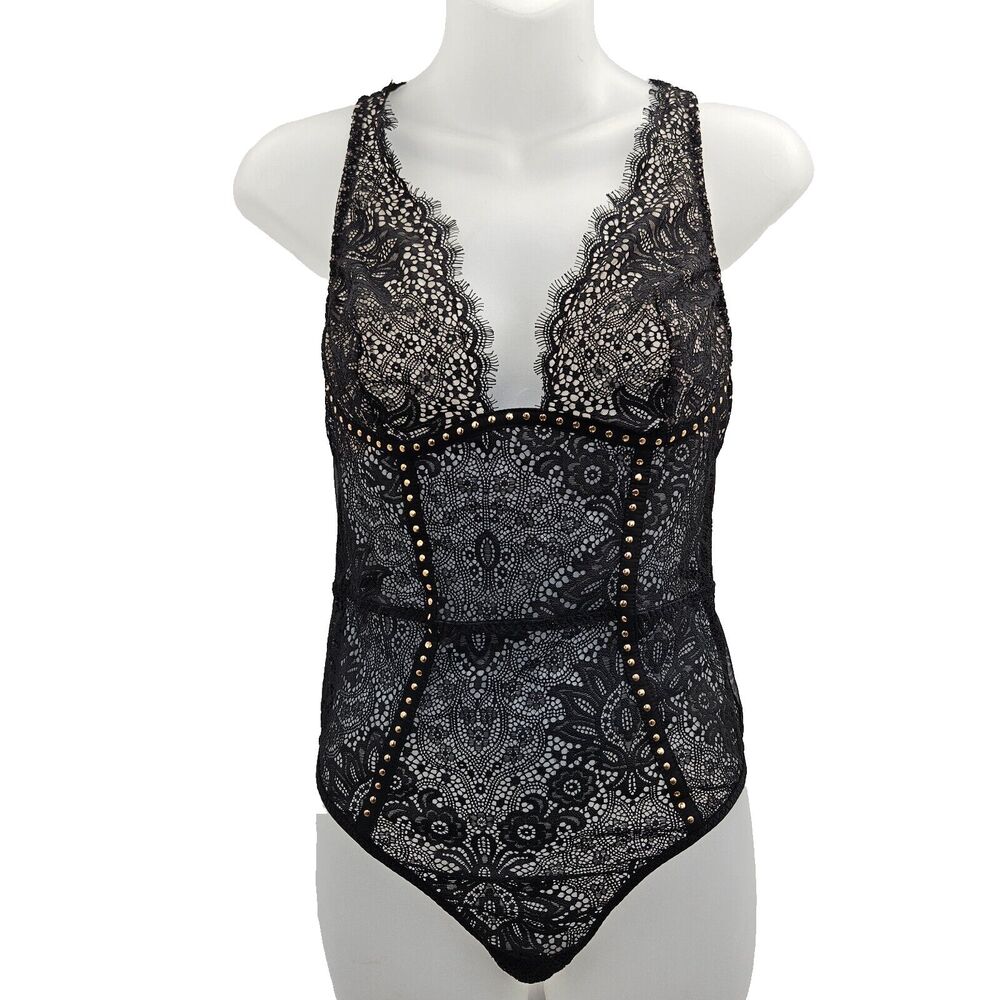 Victoria’s Secret Black Lace Thong Bodysuit Size Medium Gold Studs Deep V